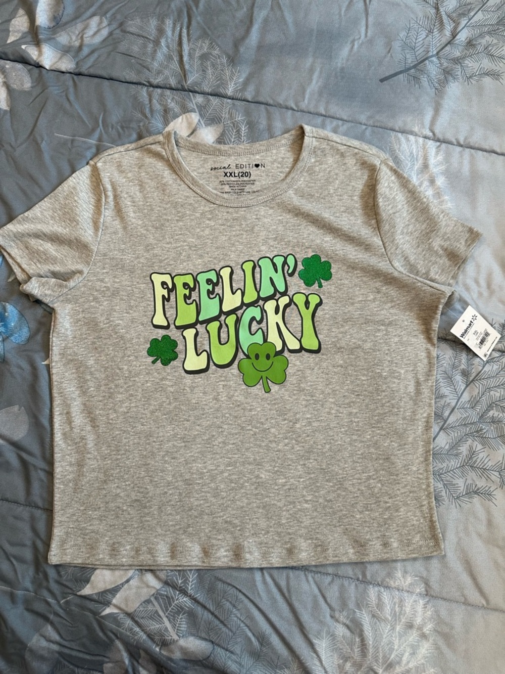 NWTS Social Edition Feelin' Lucky Graphic Tee - Gray & Green - Girls Sz XXL 20